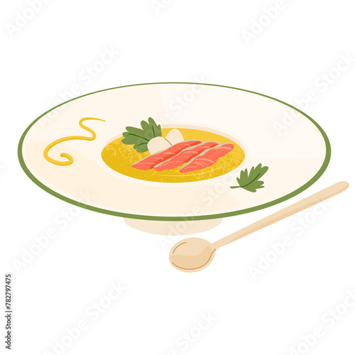 Beautifully served cream soup with croutons and salmon. Serving a dish in a restaurant. Healthy eating and lifestyle. Vector illustration isolated on transparent background.