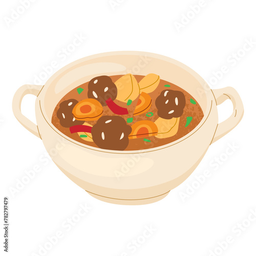 Russian traditional soup. Cabbage soup with meatballs. Vegetable broth, a filling meal for lunch. Vector illustration isolated on transparent background.