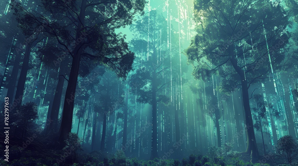 Create an image of a cybernetic forest where trees 
