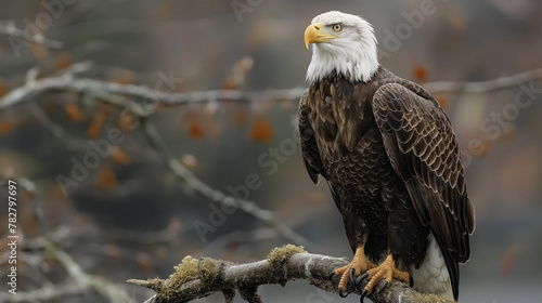 Portrait of majestic American bald eagle perched on branch, symbolizing wildlife in USA © Panyamethi