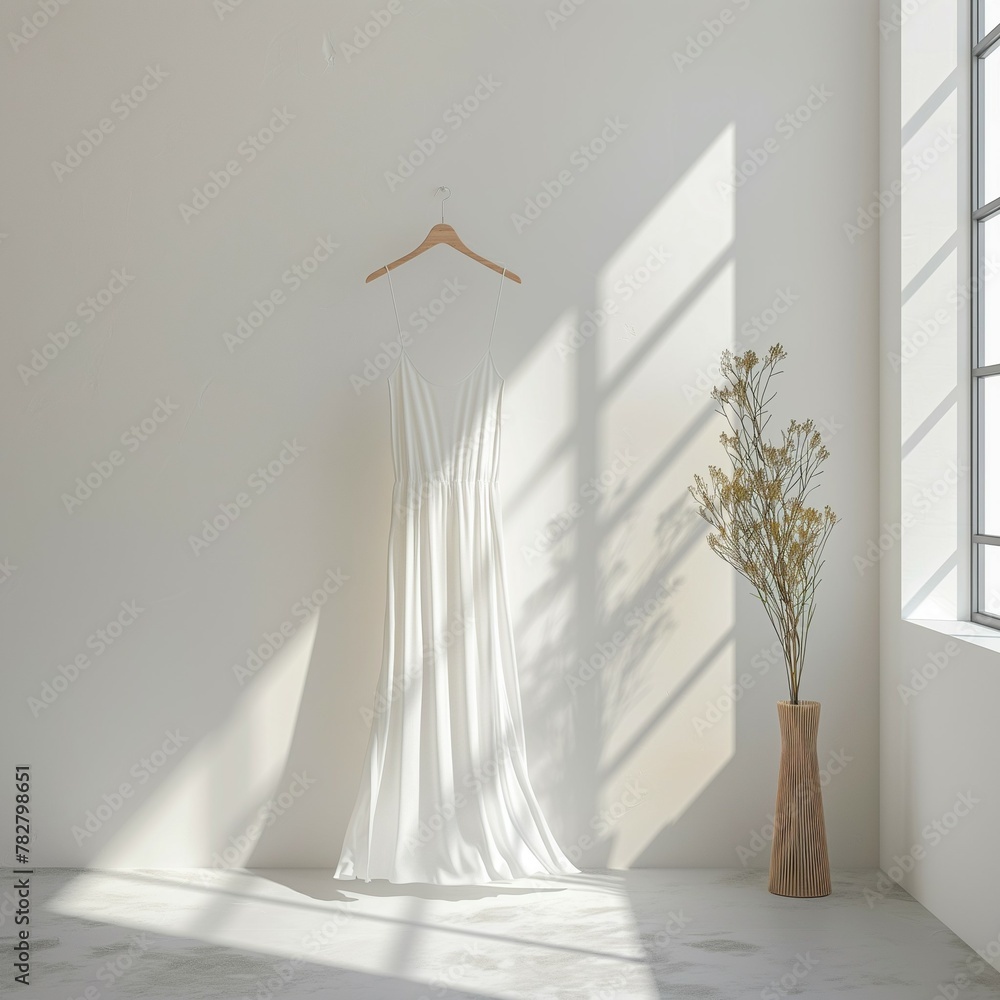 white long dress mockup, white wall and spring flower background, 3d render white long dress mockup, white wall and spring flower background, 3d render