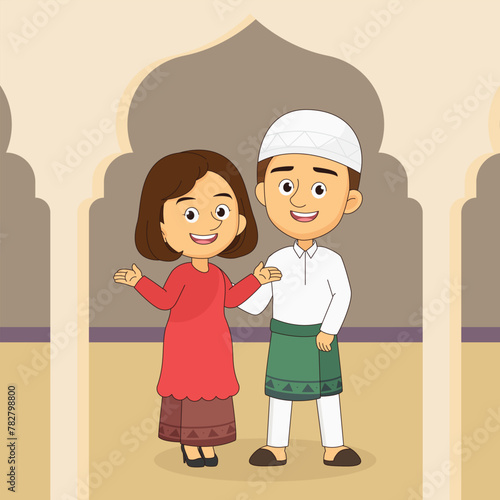 Cartoon muslim celebrating Eid al fitr
