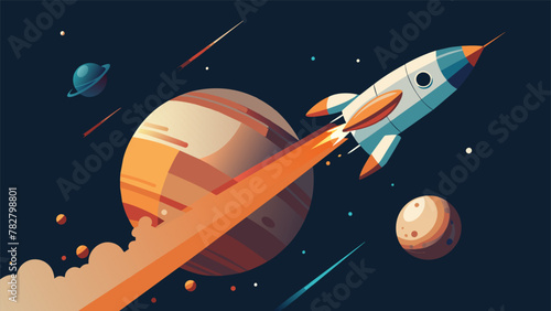 A spacecraft blasts off from the surface of a planet surrounded by a fiery plume. Caption Breaking free with escape velocity. Overcoming the