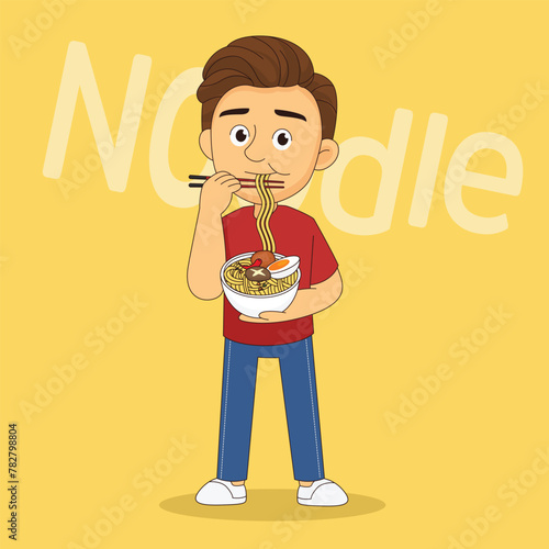 Young Man eating instant noodle