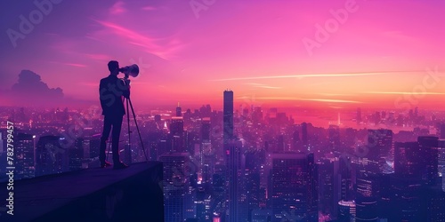 Businessman Surveying the Glowing Cityscape from Skyscraper Vantage Point at Dusk photo
