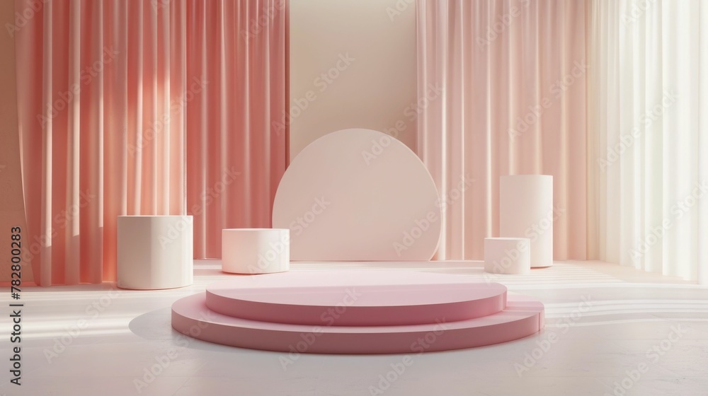 Minimalist D Rendered Podium in Soft Pink Exhibition Space with Clean Lines and Geometric Forms Minimalist D Rendered Podium in Soft Pink Exhibition Space with Clean Lines and Geometric Forms