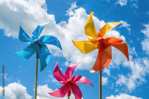 Whimsical pinwheels spinning in the breeze against a backdrop of billowing clouds and bright blue sky, creating a playful atmosphere for a birthday celebration in the great outdoors.