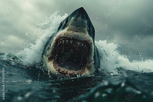 Predatory Silence: The Silent Approach of a Great White. Concept Shark Behavior, Apex Predator, Oceanic Ecosystem, Stealthy Hunting Strategy photo