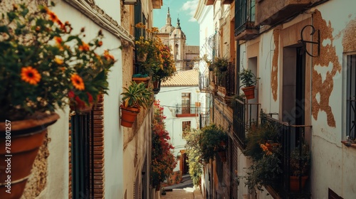 Beautiful street with flowers of the old Mediterranean city. Generative AI