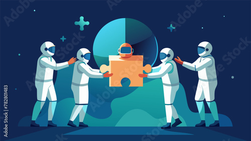 A team of astronauts standing in a circle each holding a puzzle piece working together to complete a complex puzzle. The focus and