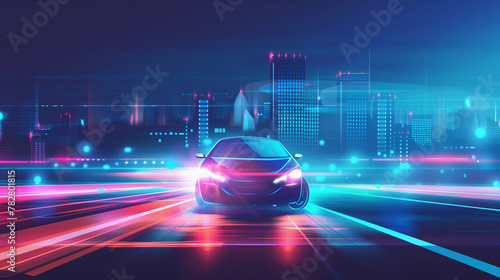 A car is driving down a road in a city at night. The city is lit up with neon lights, creating a vibrant and energetic atmosphere. The car is the main focus of the image, and it is moving quickly