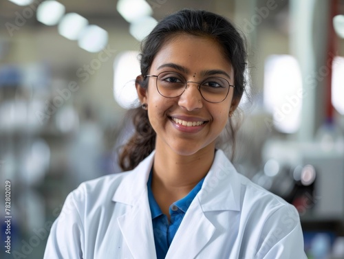 A smiling young Indian female biologist in glasses, looking at the camera, representing biotechnology and scientific research
