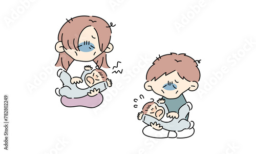 育児疲れなママとパパのイラストセット