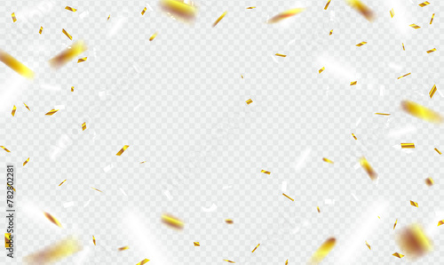 Golden and White confetti flying on transparent background for celebration party, Christmas, New Year, Carnival festivity, Valentine’s Day, Holiday, birthday, festive event decoration. Premium Vector.