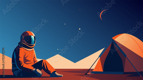 A serene illustration of a lone astronaut sitting outside their tent gazing at the stars and contemplating the vastness of the universe while