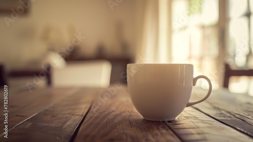 Cozy morning setting with a coffee cup centered on a wooden table, evoking tranquility and simplicity.