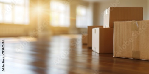 Cardboard moving boxes in a bright, vacant room with sunlight casting warm tones. photo