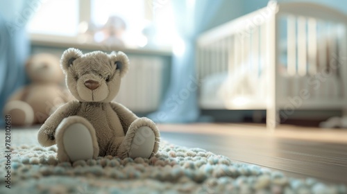 Soft teddy bear toy sitting on a baby's room floor with crib in the background.
