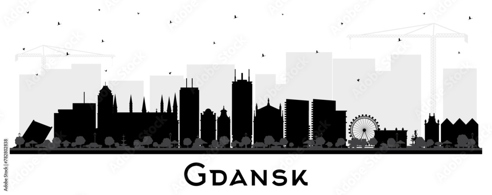 Gdansk Poland city skyline silhouette with black buildings isolated on white. Gdansk cityscape with landmarks. Business and tourism concept with modern and historic architecture.