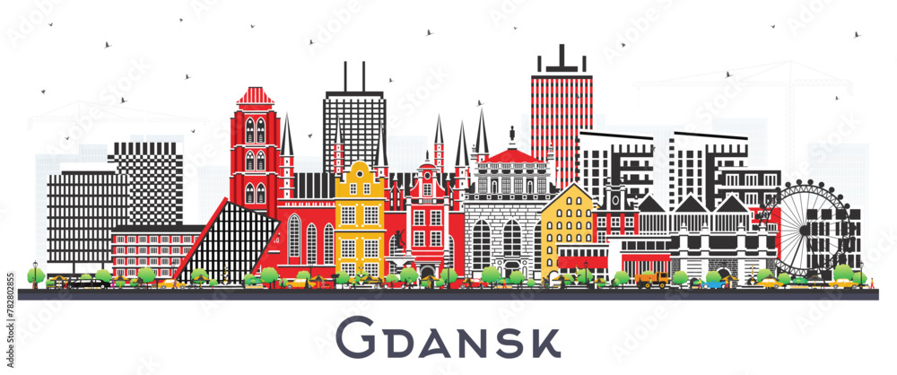 Gdansk Poland city skyline with color buildings isolated on white. Gdansk cityscape with landmarks. Business travel and tourism concept with modern and historic architecture.