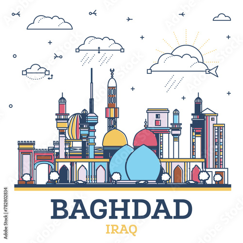 Outline Baghdad Iraq City Skyline with Colored Historic Buildings Isolated on White. Baghdad Cityscape with Landmarks.