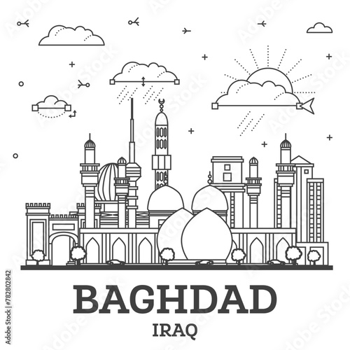 Outline Baghdad Iraq City Skyline with Historic Buildings Isolated on White. Baghdad Cityscape with Landmarks.