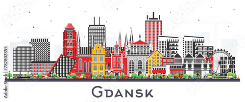 Gdansk Poland city skyline with color buildings isolated on white. Gdansk cityscape with landmarks. Business travel and tourism concept with modern and historic architecture.