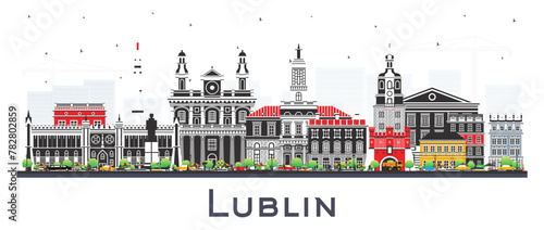 Lublin Poland city skyline with color buildings isolated on white. Lublin cityscape with landmarks. Business travel and tourism concept with modern and historic architecture.