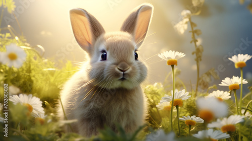 A Bright, Endearing Rabbit Pet Mammal Revels amidst Blooms in Full Splendor, Against the Ethereal Backdrop of Bokeh