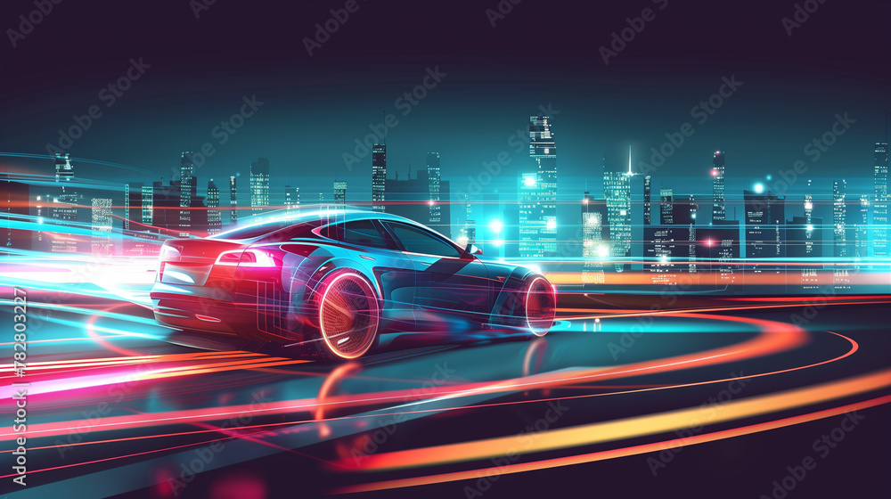 A car is driving down a road in a city at night. The city is lit up with neon lights, creating a vibrant and energetic atmosphere. The car is the main focus of the image, and it is moving quickly A car is driving down a road in a city at night. The city is lit up with neon lights, creating a vibrant and energetic atmosphere. The car is the main focus of the image, and it is moving quickly