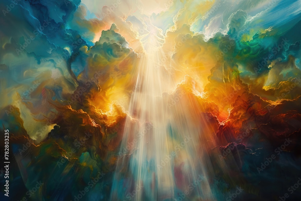 Radiant beams of light pierce through layers of translucent color, casting a celestial glow upon the mesmerizing tableau.