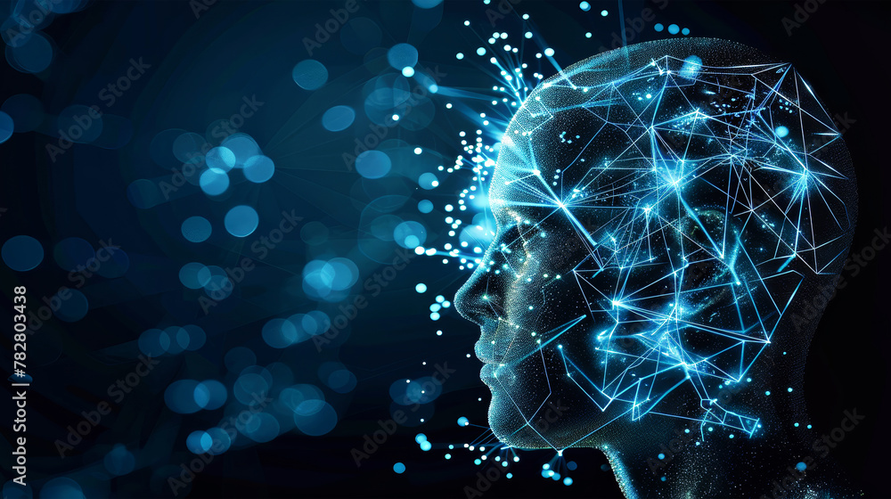 A persons head with a complex network of interconnected lines and nodes representing a digital or neural network A persons head with a complex network of interconnected lines and nodes representing a digital or neural network