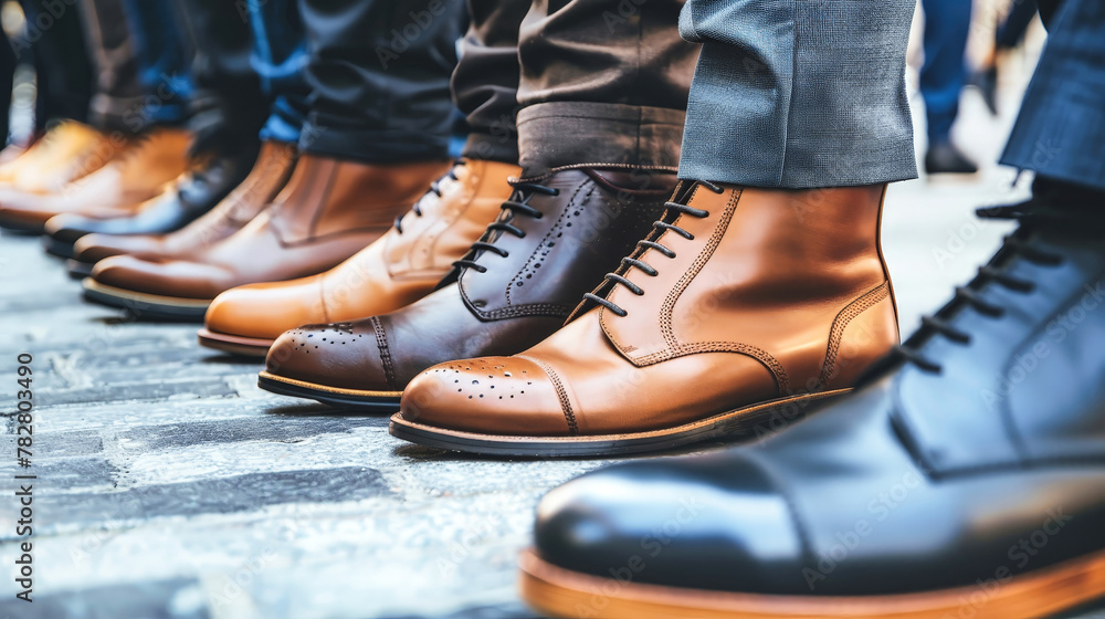 A row of mens business shoes neatly lined up on a cobblestone floor, creating a stylish and sophisticated display A row of mens business shoes neatly lined up on a cobblestone floor, creating a stylish and sophisticated display
