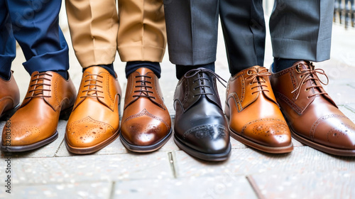 A striking lineup of mens business shoes neatly arranged along a sidewalk, creating a captivating display