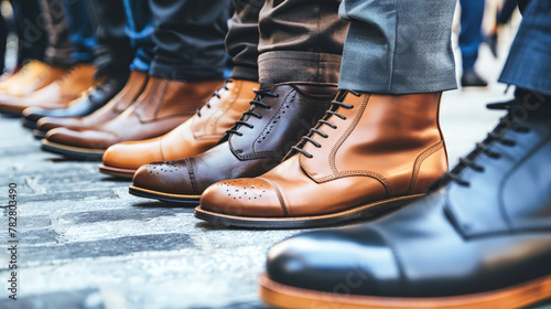 A row of mens business shoes neatly lined up on a cobblestone floor, creating a stylish and sophisticated display