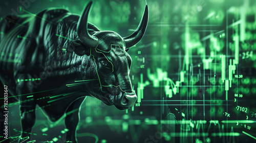 A bull stands confidently in front of a stock chart, symbolizing a bullish market trend and positive investor sentiment