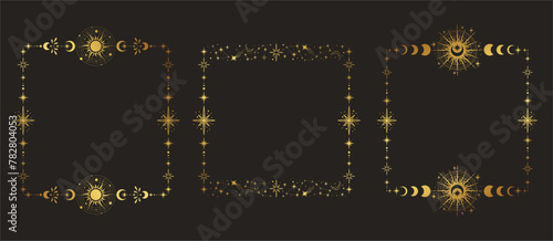 Collection of magic vector frames with moon, stars and constellations. Gold elegant ornament. Mystic frame for tarot, esoteric, astrology design.
