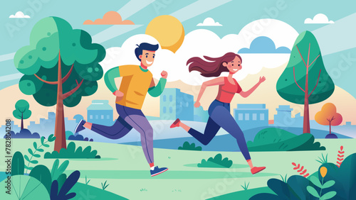 Man and woman run in park. Illustration of couple runners jogging togethe