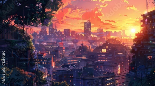 Cityscape of anime inspired urban area
