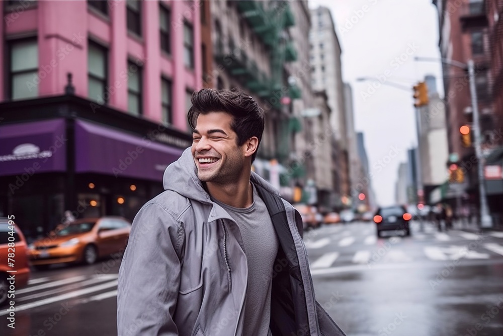 A man is smiling and walking down a city street A man is smiling and walking down a city street