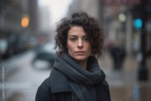 A woman with curly hair is standing on a city street wearing a black coat