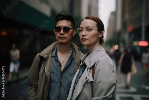 A man and a woman are standing on a city street, both wearing glasses