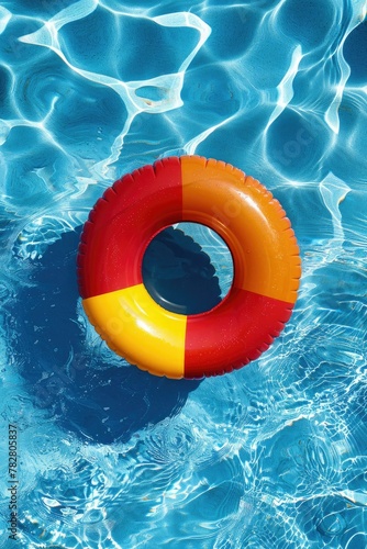 Colorful swimming rings floating in a blue swimming pool, summer background, swimming pool in summer, summer holidays
