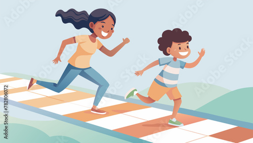 Two siblings giggling uncontrollably as they race to the finish line trying to avoid the chutes and climb up the ladders in the classic game of