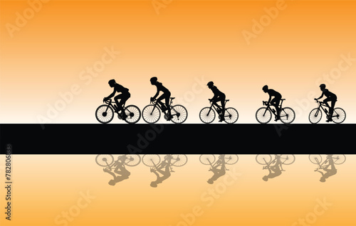 Riding a bicycle for health Black silhouette vector Mountain nature background