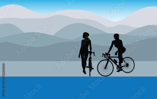 Women ride bicycles for health Mountain nature background
