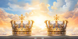 pair of kings golden crown with a cross on a table with cloudy sky background