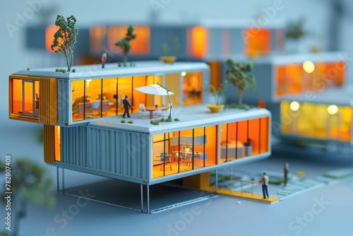 An office complex with a modular design, featuring interchangeable components for flexible use.