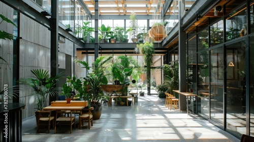 An office atrium with a glass ceiling, indoor plants, and natural light streaming in.