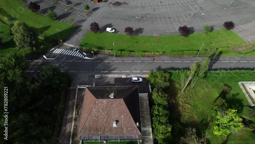 drone shot over le scarabée theater in Roanne Agglomeration in Riorges on a sunny summer day, loire department, auvergne rhone alpes, france